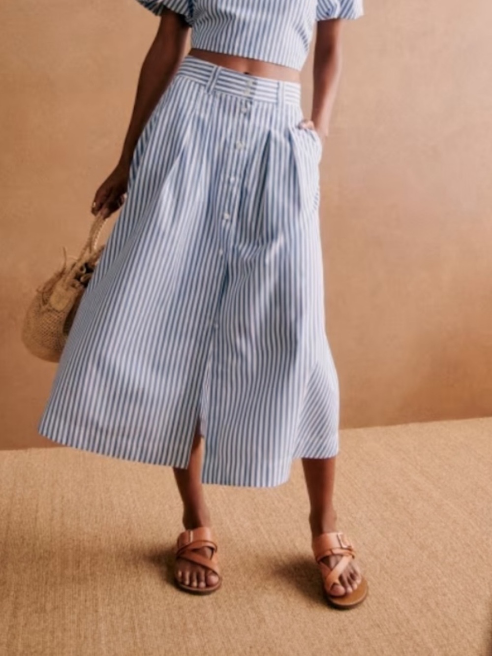 ISO Sezane Clarine Blue and White Striped Midi Skirt